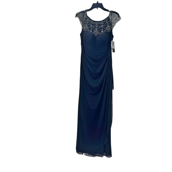 X By XSCAPE Embellished Illusion Neck Ruffle Gown Short Sleeves Navy Size 8 NWT - Picture 5 of 13
